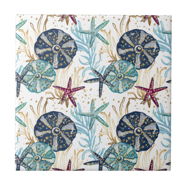 Carreau Elégant bleu et or Océan Motif trésors (Devant)