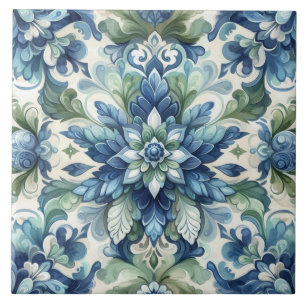 Carreau Élégant bleu et vert ornement fleuri