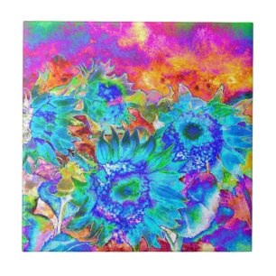 Carreau Elégant bleu turquoise aquarelle tournesol floral