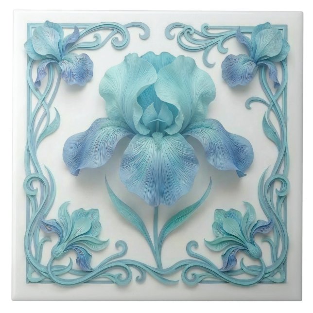 Carreau Elegant Blue Art Deco Stylized Lilies (Devant)