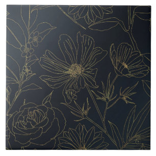Carreau Elegant Blue Gold Flowers Line Art