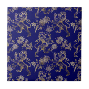 Carreau Élégant Blue Gold Lion Floral 