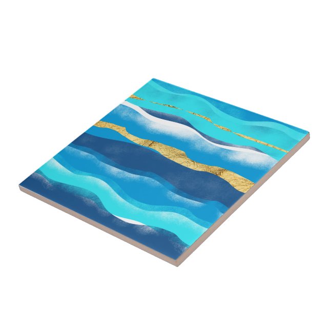 Carreau Elégant Boho Ocean Waves Blue Gold Foil (Côté)