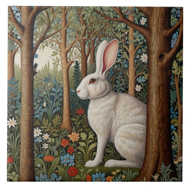 Carreau Élégant boho rétro lapin blanc boisé fleuri (Devant)
