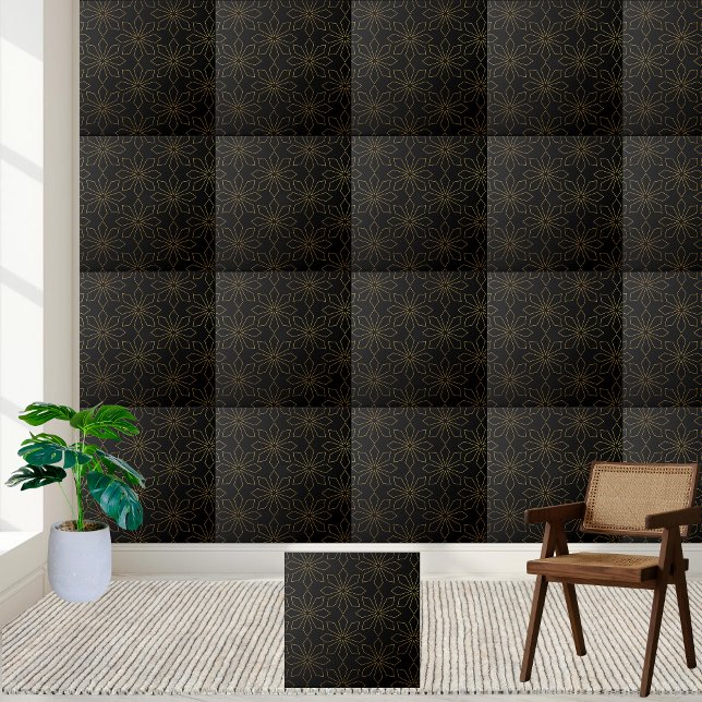 Carreau Elégant Carrelage floral géométrique noir et or (Elegant Black and Gold Geometric Floral Tile)