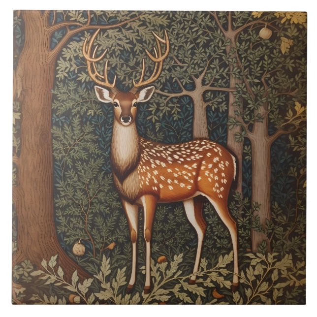 Carreau Élégant Cerf Dans La Forêt De Chênes (Devant)