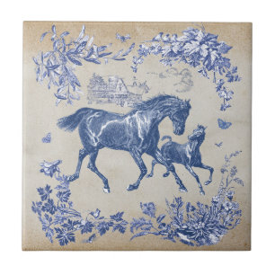 Carreau Élégant Cheval bleu Vintage Floral