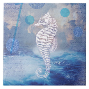 Carreau Élégant cheval de mer Vintage Blue Ocean Waves