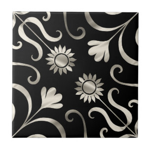 Carreau Élégant Chic Floral Damask Black Silver Sunflower