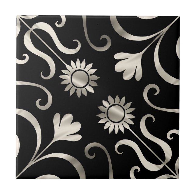 Carreau Élégant Chic Floral Damask Black Silver Sunflower (Devant)
