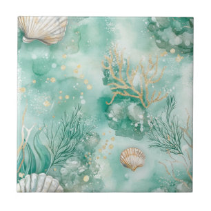 Carreau Elégant Corail Or & Coquillages Aquarelle Art