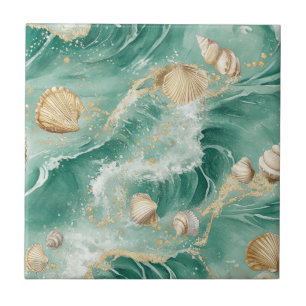 Carreau Elégant Corail Or & Coquillages Aquarelle Art (2)