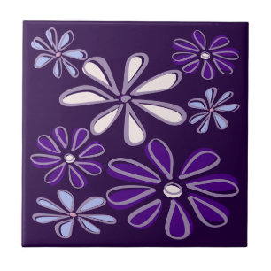 Carreau Élégant Doodle de fleurs bleu foncé violet