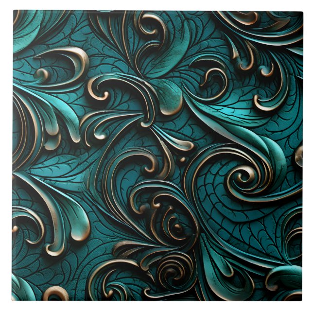 Carreau Élégant, Élégant, Faux Turquoise Embossé Cuir (Devant)