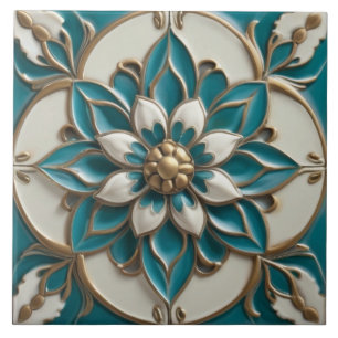 Carreau Elégant Faux Relief Floral Turquoise Blanc & Or