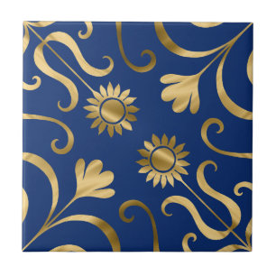 Carreau Elégant floral Damask Navy bleu & or tournesol
