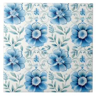 Carreau Élégant Floral Méditerranéen Bleu