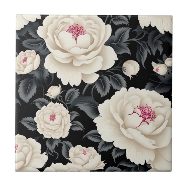 Carreau Élégant floral noir et ivoire (Devant)