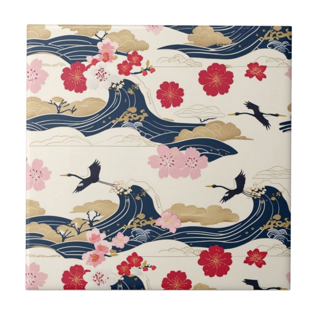 Carreau Elegant Japanese Ceramic Tile with Floral Waves (Devant)