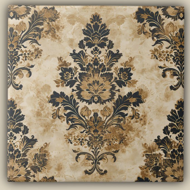 Carreau Elégant Luxueux Black Gold Beige Ivory Damask (Créateur téléchargé)