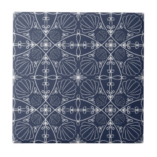 Carreau Elégant Marine Bleu Nautique Coquillages Abstraits