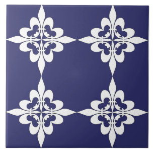 Carreau Elégant, moderne, ornemental, bleu marine, blanc