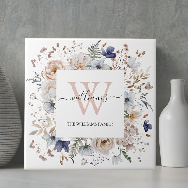 Carreau Elegant Monogram Pretty Beige Blue Flowers Floral (In situ)