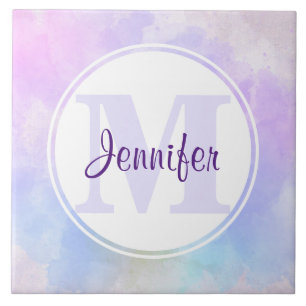 Carreau Élégant Monogramme d'aquarelle bleu violet