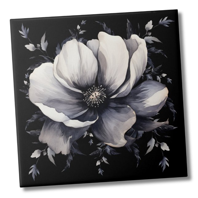 Carreau Élégant noir floral blanc (Unique Modern Elegant White Black Floral ceramic tile)
