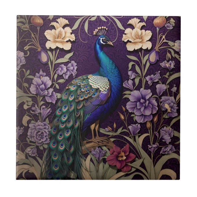 Carreau Elégant Peacock Sur Purple William Morris Inspiré (Devant)