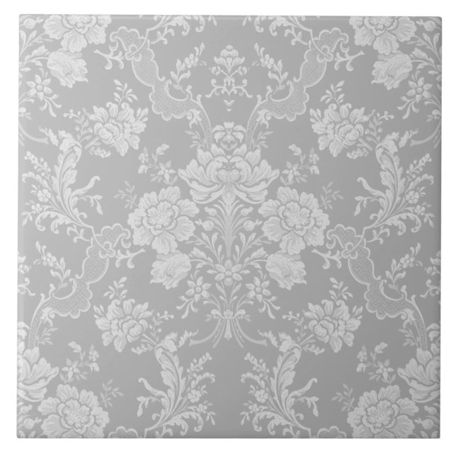 Carreau Élégant Romantique Chic Floral Damask-Grey (Devant)