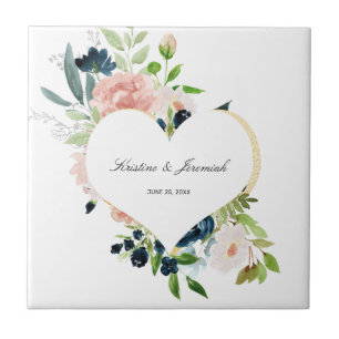 Carreau Élégant Rose de la marine Blue Blush Floral Hear