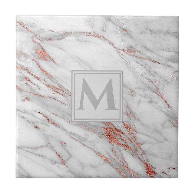 Carreau Élégant Rose Marbre blanc en cuivre or Monogramme (Devant)