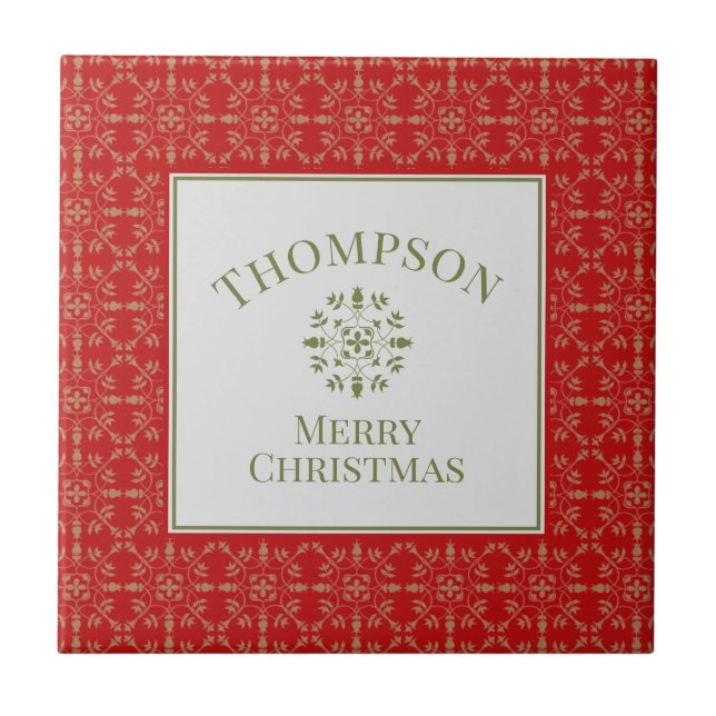 Carreau Élégant Rouge Vintage Noël Nom (Devant)