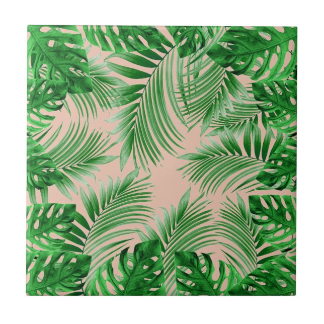 Carreau Elegant Tropical green palm leaves pattern pink ba (Devant)
