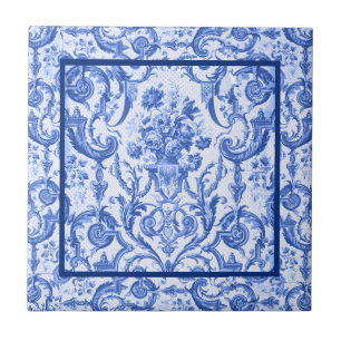 Carreau Elégant vase floral Bleu toile de jouy monogramme