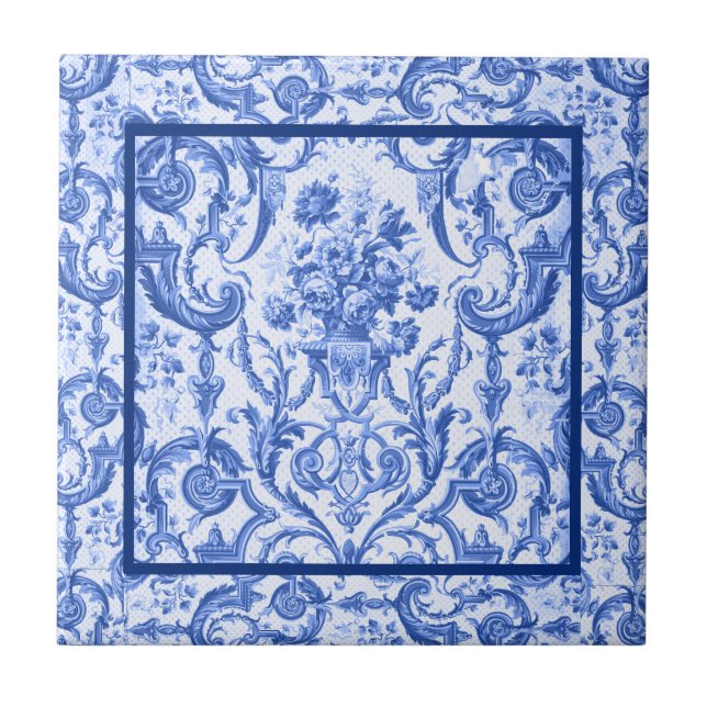 Carreau Elégant vase floral Bleu toile de jouy monogramme (Devant)