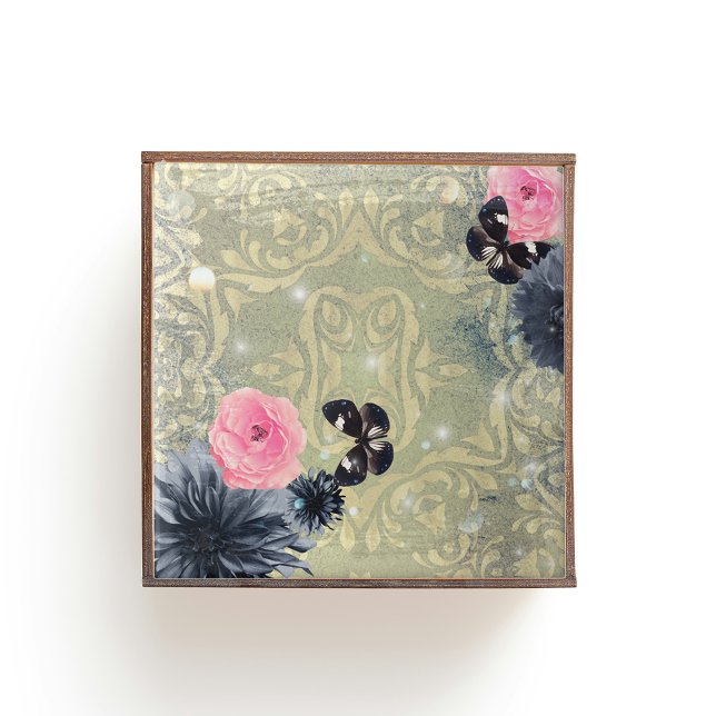Carreau Elégant Vintage Chic Damask Papillons Fleurs (Créateur téléchargé)