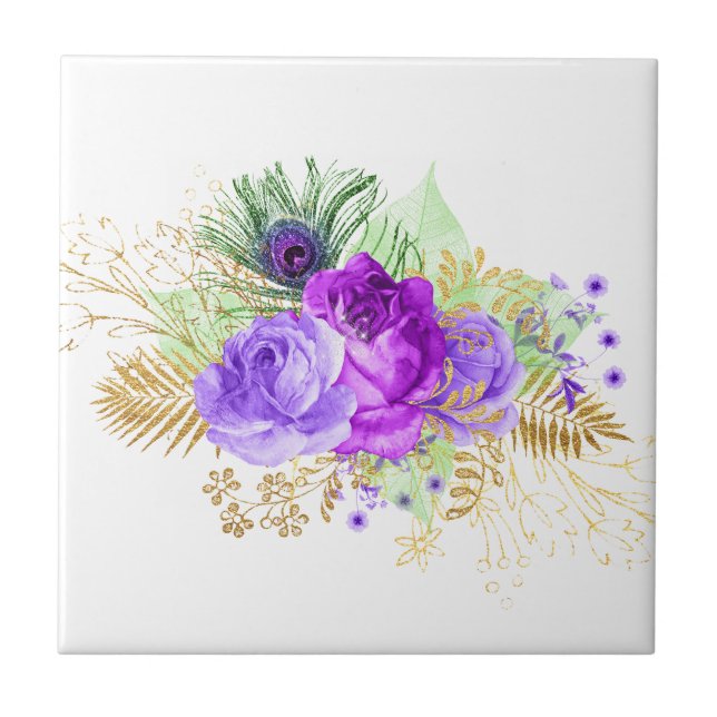 Carreau Élégant violet Rose Fleur or Feuilles Floral (Devant)