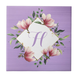 Carreau Élégant violet rose floral Monogramme initial