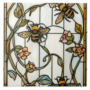 Carreau Élégant vitrail botanique art nouveau abeille