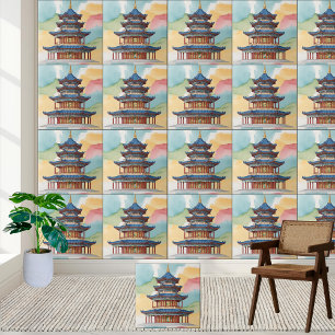 Carreau Elégante Chinoiserie Pagoda Temple Aquarelle Carre