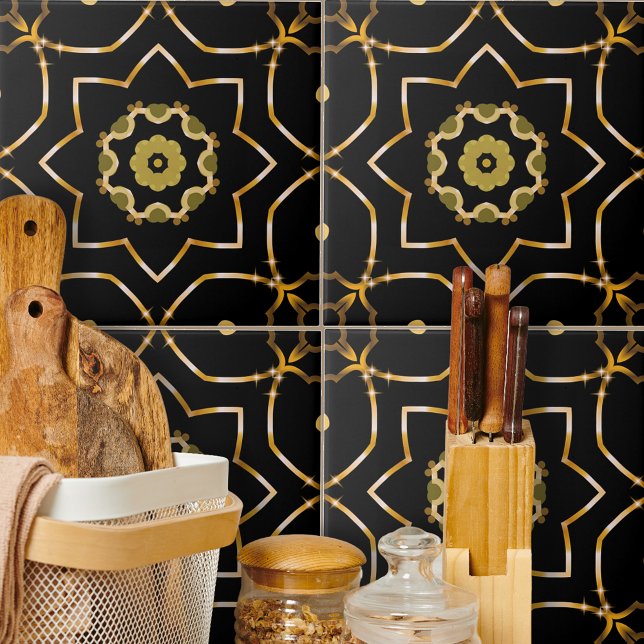 Carreau Elégante Filigree brillant or et mosaïque noire (Créateur téléchargé)