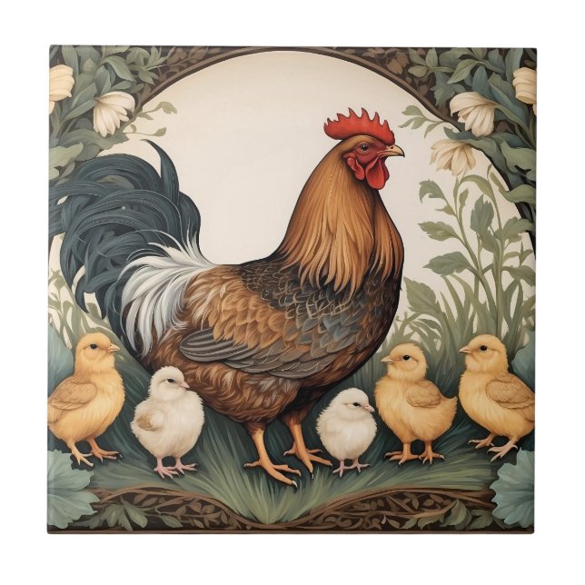 Carreau Élégante Mère Hen Avec Poussins (Devant)