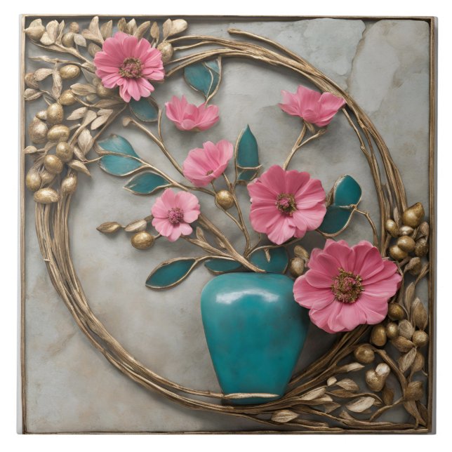 Carreau Elégante mosaïque florale avec Vase Turquoise (Devant)