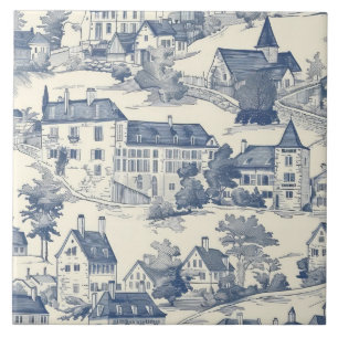 Carreau Elégante scène du village de Toile Bleue de Jouy