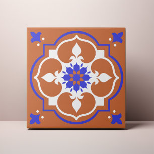 Carreau Elégante Terracotta et Fleur bleue Azulejo