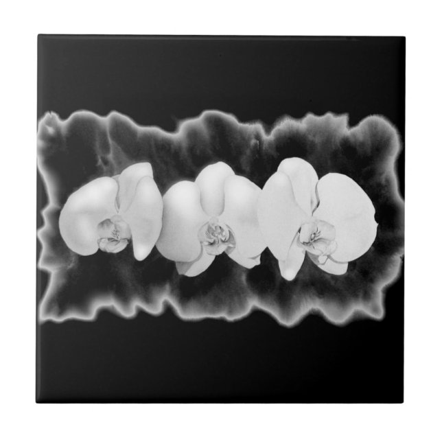 Carreau Élégantes orchidées à l'aquarelle noir et blanc (Devant)