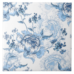 Carreau Élégantes pivoines gravées en bleu et blanc