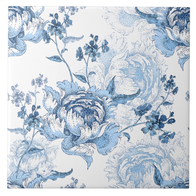Carreau Élégantes pivoines gravées en bleu et blanc (Devant)